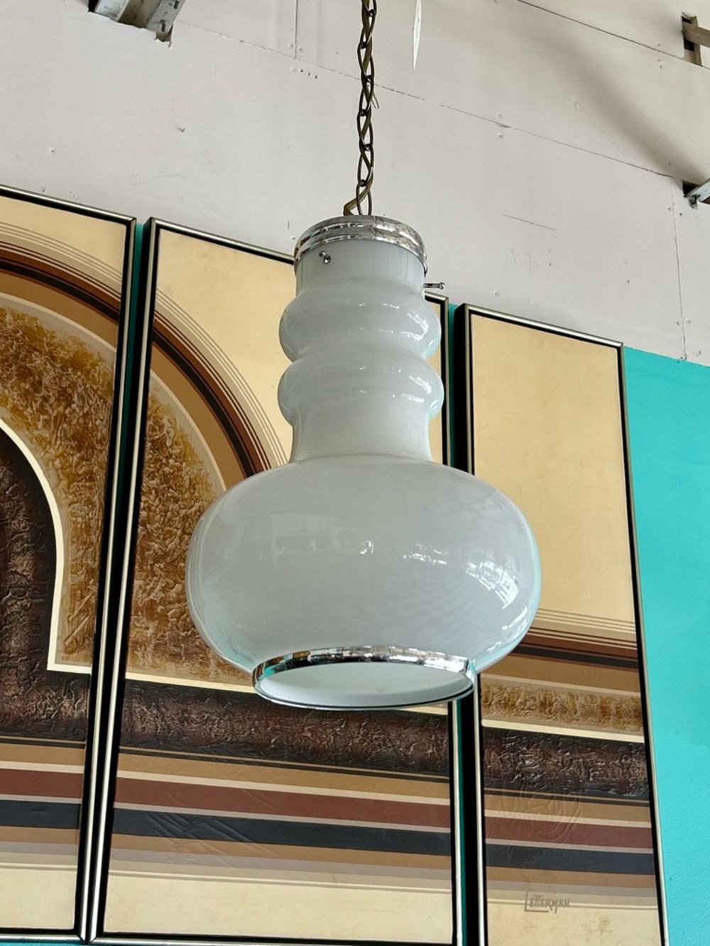 Vintage swag lamp while glass danish mid century hanging pendant light